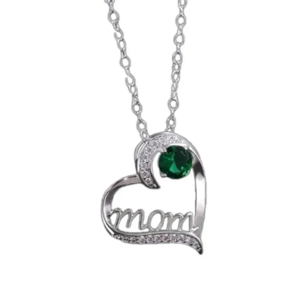 New green gemstone silver platedโ rhinestone Mom heart necklace valentines gift